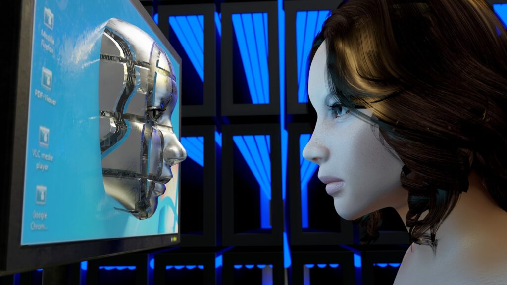 Photo by Andres Siimon a female mannequin is looking at a computer screen for anonymity of AI therapy.