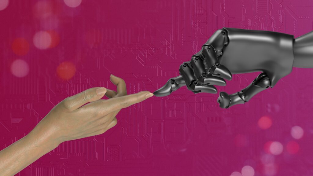 Photo by Igor Omilaev a human hand touching a robot hand to demonstrate using AI as a companion to therapy.