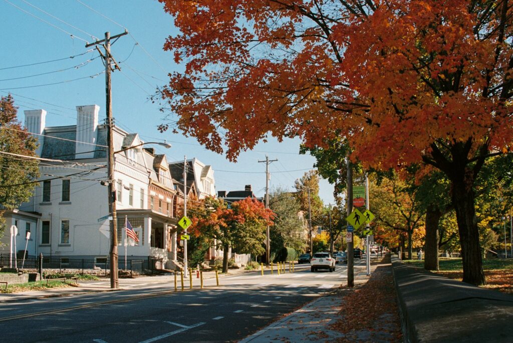 A view of a street in a small town for OCD Therapy in Ellicott City, Maryland webpage.