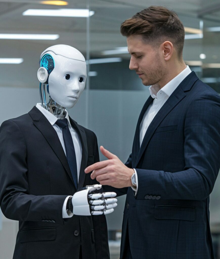 Photo by Brey A man shakes hands with a robot to demonstrate ability to "act" human but lacking human empathy for therapy.