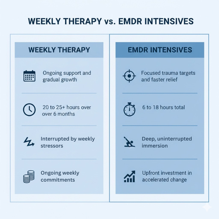 Comparison chart for Weekly Therapy vs. EMDR Intensives in Maryland.