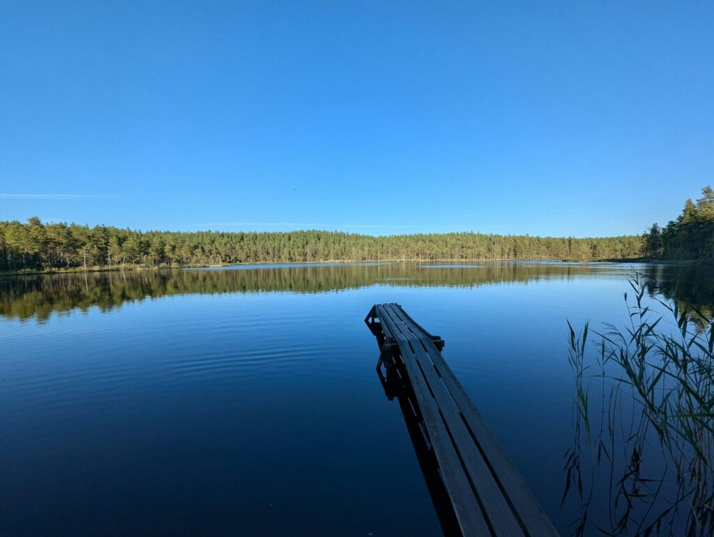 Wooden pier on a calm lake under clear blue sky